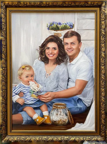 Семейный портрет маслом на холсте по фотографии, вертикальный формат — работа №16